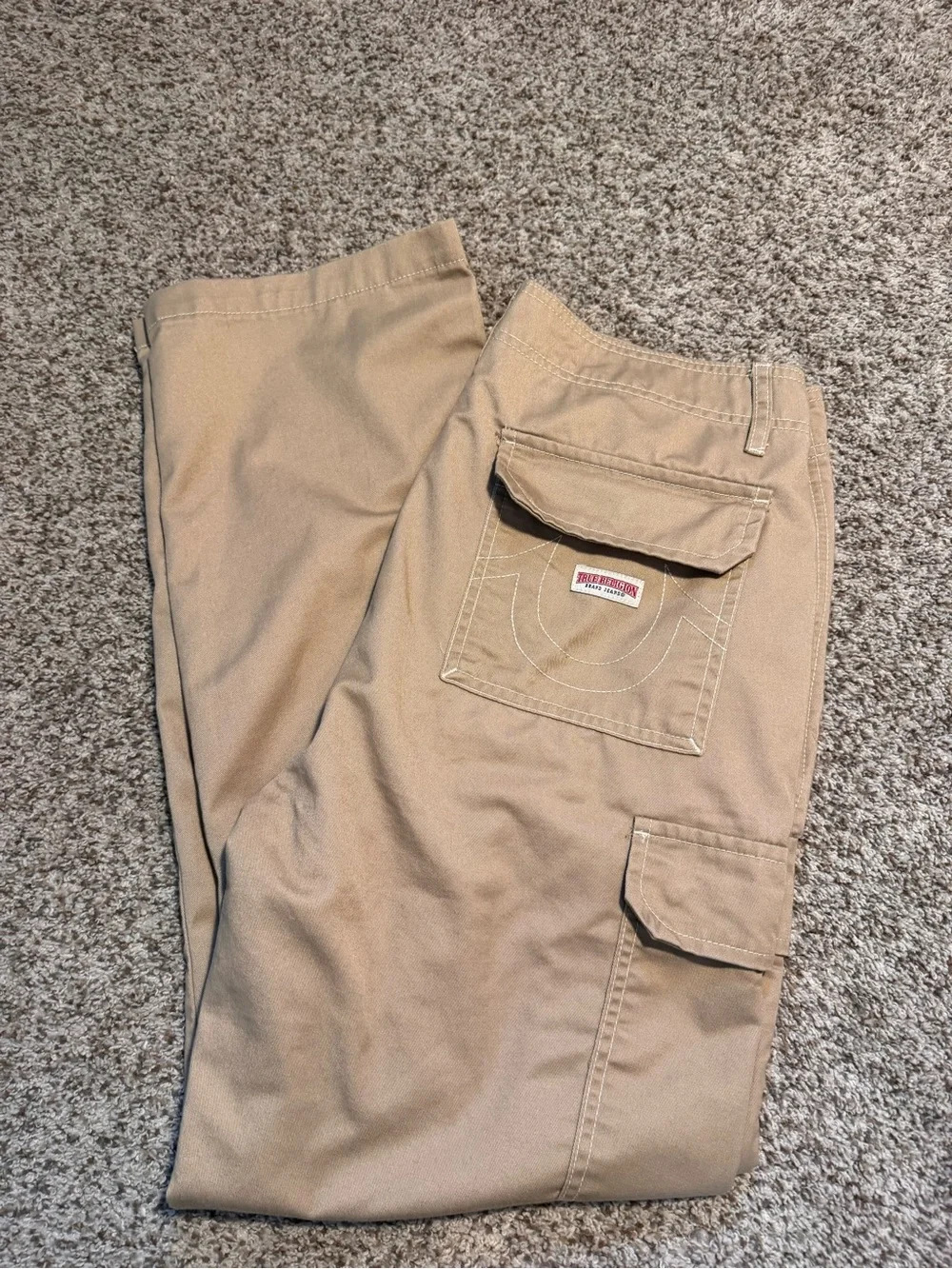 True Religion Men's Khaki Cargo Pants with Flap Pockets - 33